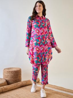 The Kaftan Company - Floral Fuchsia Shirt Co-Ord (Set Of 2)
