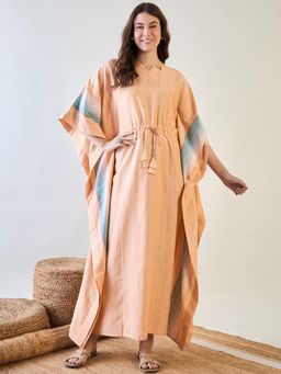 The Kaftan Company - Peach Striped Cotton Kaftan with Tassel Detail