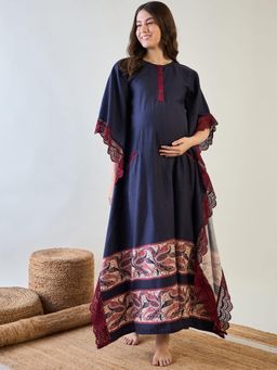 The Kaftan Company - Navy Blue and Red Paisley Print Maternity Kaftan with Feeding Zip