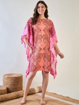 The Kaftan Company - Vibrant Pink and Orange Paisley Crape Kaftan with Tassel Details