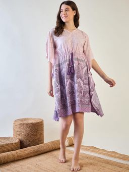 The Kaftan Company - Elegant Purple Patterned Kaftan Dress with Tassel