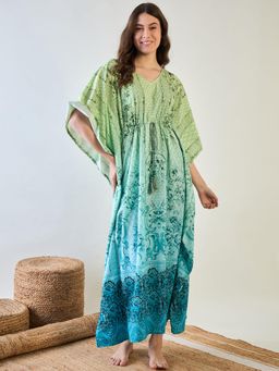 The Kaftan Company - Chic Green and Blue Patterned Kaftan with Tassel Detail