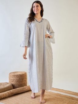 The Kaftan Company - Cotton Nightdress with Chic Stripes and Embroidery