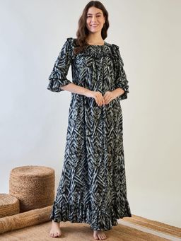 The Kaftan Company - Black and Grey Geometric Frilled Night Dress