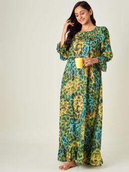 The Kaftan Company - Green Animal Printed Frilled Night Dress