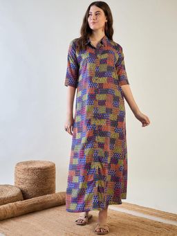 The Kaftan Company - Abstract Multi Colored Patch Button Down Night Dress