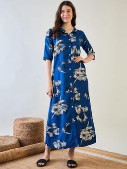 The Kaftan Company - Abstract Blue Floral Button Down Night Dress