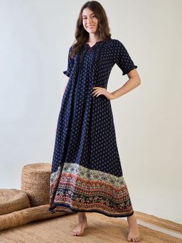 The Kaftan Company - Navy Blue Starlight Flared Pin Tucks Night Dress
