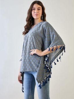 The Kaftan Company - Stylish Blue Printed Crepe Kaftan Top with Tassel Details