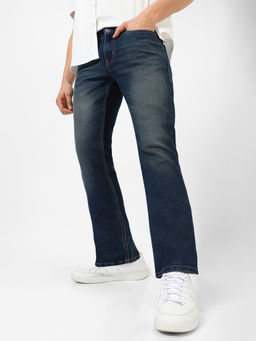 Urbano Fashion - Mens Blue Washed Bootcut Jeans Stretchable