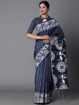 Akhilam - Women Bhagalpuri Silk Navy Digital Print Designer Saree with Unstitched Blouse