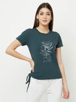 CRIMSOUNE CLUB - Women Green Printed Round Neck T-Shirt with Knot Detail