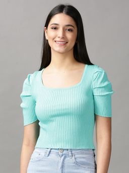 SHOWOFF - Womens Square Neck Fitted Solid Sea Green Regular Top