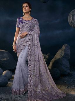 Odette - Purple Net Sequins Embroidered Saree with Unstitched Blouse