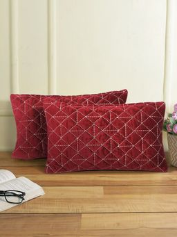 Eyda - Velvet Maroon Color Set of 2 Quilted Cushion Cover (12x20 Inch)