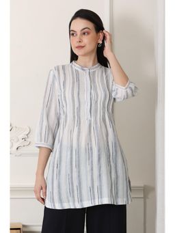 W - White Yarn Dyed Cotton Blend Mandarin Collar Tunic