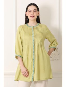 W - Green Thread Work and Pintucks Solid Rayon Button Down Top