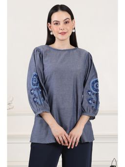 W - Blue Solid Pure Cotton Chambray Embroidered Top