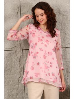 W - Pink Floral Printed Embroidered Neck Chiffon Top