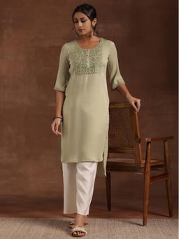Libas - Green Floral Yoke Design Straight Kurta