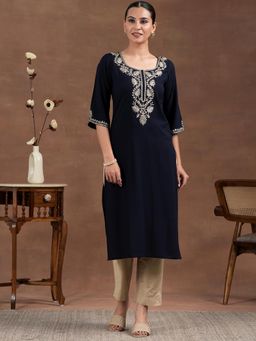 Libas - Navy Blue Floral Zari Embroidered Yoke Design Straight Kurta