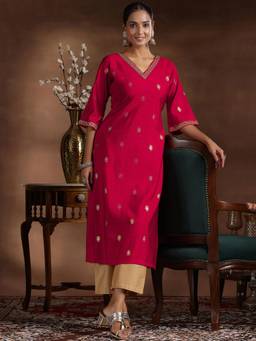 Libas - Zari Neck Embellishment Red Ethnic Motif Printed Straight Kurta