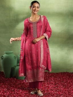 Libas - Pink Bandhani Printed Floral Woven Design Kurta with Pant & Printed Dupatta (Set of 3)
