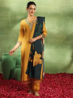Libas - Mustard Floral Embroidered Yoke Design Kurta with Pant & Floral Dupatta (Set of 3)