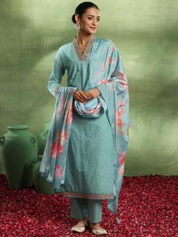 Libas - Sea Green Floral Embroidered Kurta with Palazzo & Floral Silk Chiffon Dupatta (Set of 3)