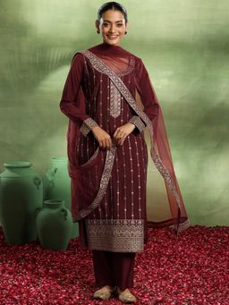 Libas - Maroon Ethnic Motif Zari Lining Embroidered Kurta & Pant with Net Dupatta (Set of 3)