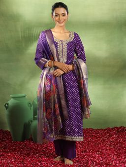 Libas - Purple Bandhani Printed Kurta with Pant & Floral Printed Dupatta (Set of 3)