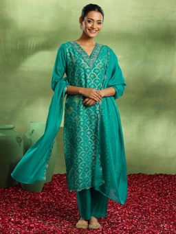 Libas - Rama Green Woven Design Kurta with Pant and Solid Organza Dupatta (Set of 3)