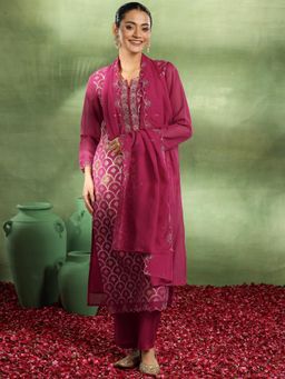 Libas - Pink Woven Design Kurta with Pant and Solid Organza Dupatta (Set of 3)