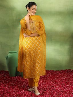 Libas - Yellow Woven Design Straight Kurta with Pant & Embroidered Organza Dupatta (Set of 3)