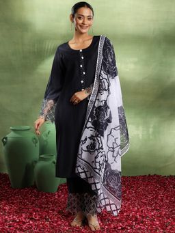 Libas - Navy Blue Solid Embellished Panelled Kurta with Hem Pant & Printed Dupatta (Set of 3)