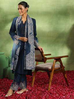 Libas - Teal Yoke Embellished Straight Kurta with Extended Hem Pant & Printed Dupatta (Set of 3)