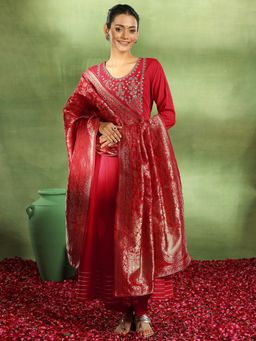 Libas - Red Yoke Design Rayon Anarkali Sets for Women