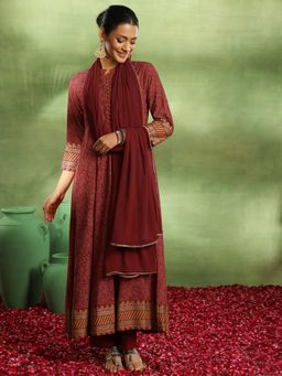 Libas - Maroon Printed Rayon Anarkali Sets for Women