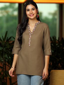 Libas - Roll Up Sleeves Brown Solid Kurti