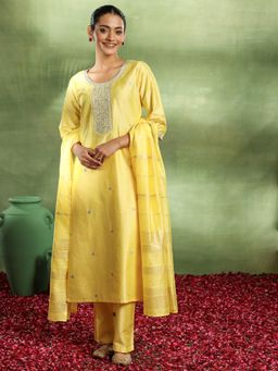 Gerua By Libas - Yellow Silk Blend Embroidered Yoke Design Straight Kurta & Pant with Dupatta (Set of 3)