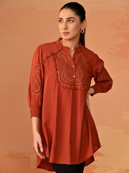 Lakshita - Women Rust Cotton Linen Embroidered Tunic
