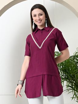 MYSHKA - Women Magenta Solid A-Line Collared Neck Casual Tunic