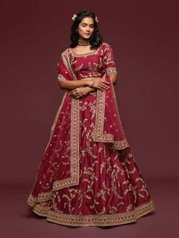 Odette - Maroon Art Silk Embroidered Semi Stitched Lehenga with Unstitched Blouse & Dupatta (Set of 3)