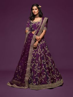 Odette - Purple Art Silk Embroidered Semi Stitched Lehenga with Unstitched Blouse & Dupatta (Set of 3)