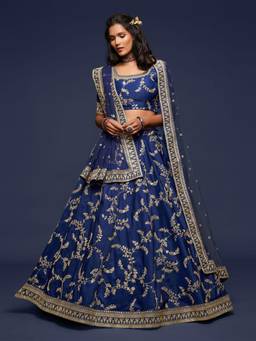 Odette - Blue Art Silk Embroidered Semi Stitched Lehenga with Unstitched Blouse & Dupatta (Set of 3)