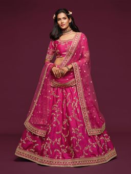 Odette - Pink Art Silk Embroidered Semi Stitched Lehenga with Unstitched Blouse & Dupatta (Set of 3)
