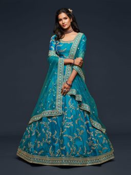 Odette - Teal Art Silk Embroidered Semi Stitched Lehenga with Unstitched Blouse & Dupatta (Set of 3)