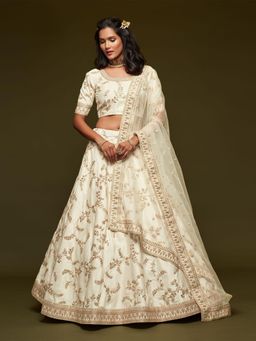 Odette - White Art Silk Embroidered Semi Stitched Lehenga with Unstitched Blouse & Dupatta (Set of 3)