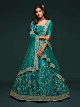 Odette - Green Art Silk Embroidered Semi Stitched Lehenga with Unstitched Blouse & Dupatta (Set of 3)