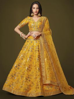 Odette - Yellow Embroidered Semi Stitched Lehenga with Unstitched Blouse & Dupatta (Set of 3)